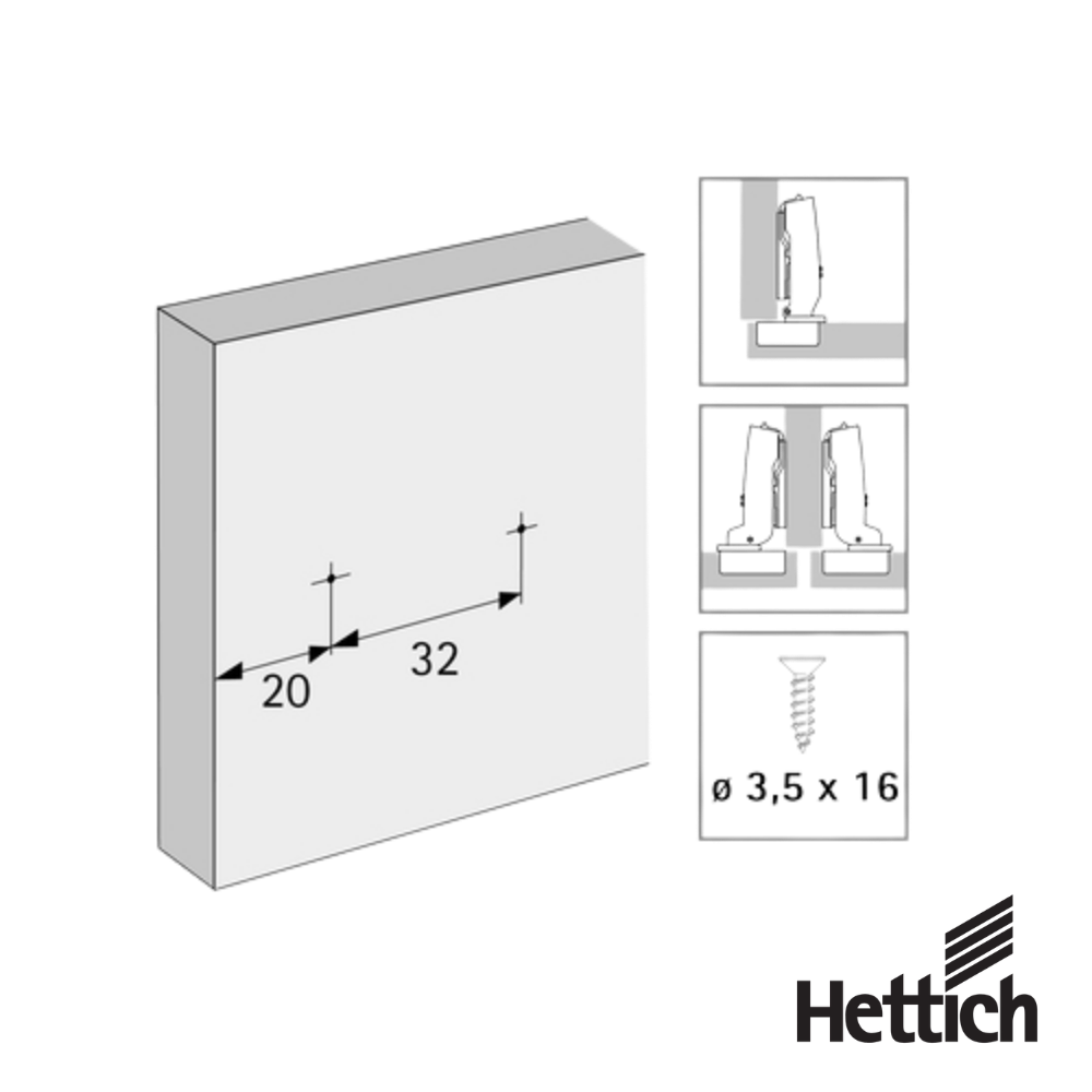Base Recta Para Bisagra Hettich 20 x 32 mm Montaje Atornillable Niquelado 1 1