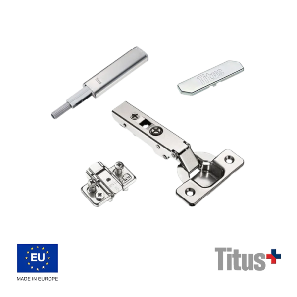 Bisagra Titus T-Type 110° Sin Muelle + Pulsador Magnético Extensible Sin Base + Placa + Tapa