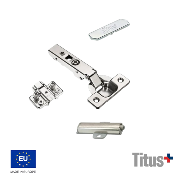 Bisagra Titus T-Type 110° Sin Muelle + Pulsador Mecánico Sobreponer Con Base + Placa + Tapa