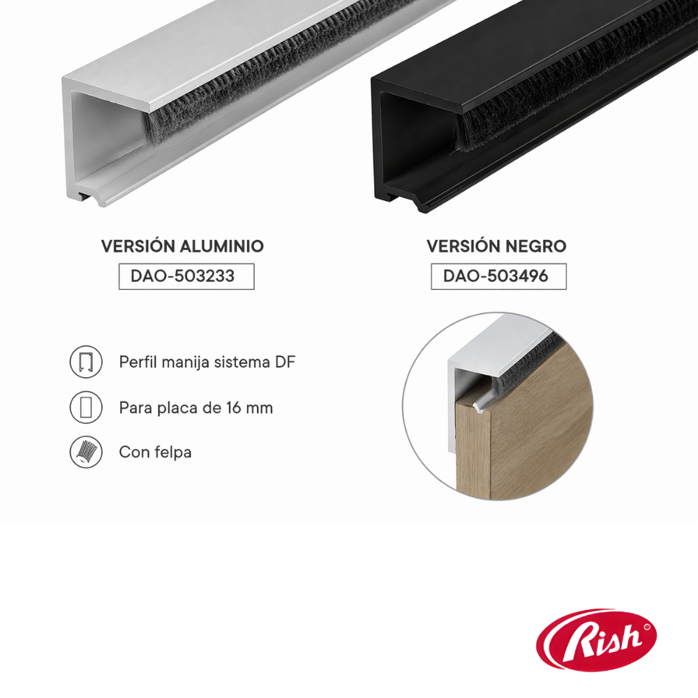 Perfil Manija Sistema DF Para Placa De 15 mm Con Felpa 2.60 m 3