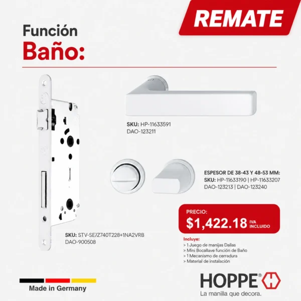 Kit Manilla con Mini-Roseta HOPPE Dallas Función Baño - Blanco Mate